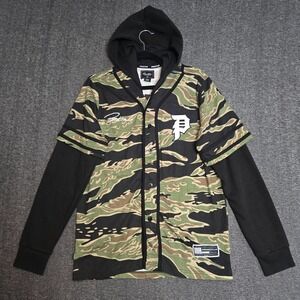 Primitive Men's Green / Black Tiger Two-Fer Hooded Camo Baseball Jersey Sz Small